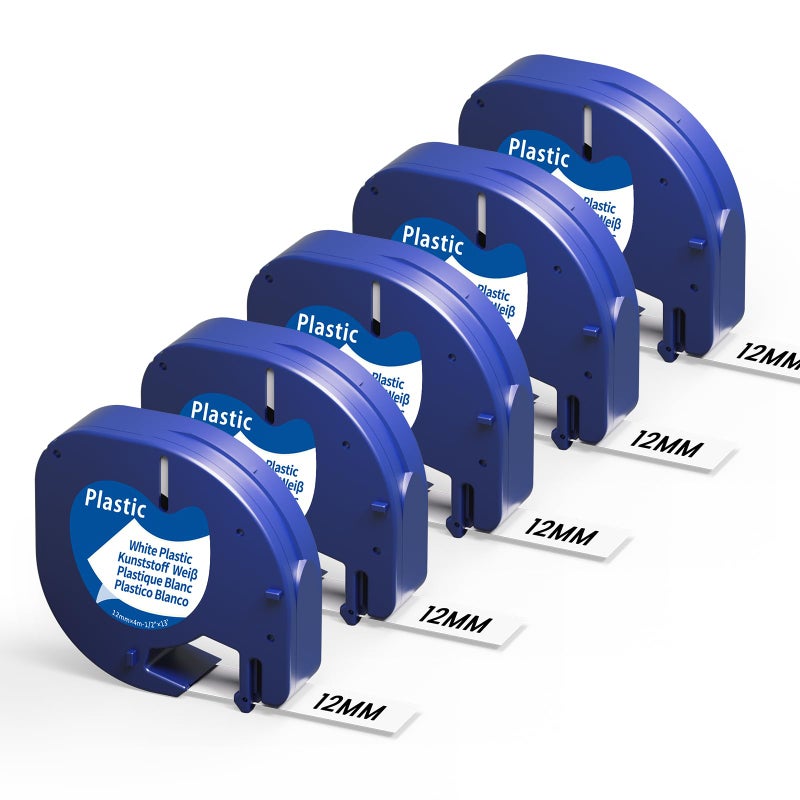 Aonomi 5-Pack Replace for Dymo Letratag Refills White Plastic Label Maker Tape 1/2" x 13' Compatible with Dymo Label Maker Refills White Plastic 12mm x 4m for LT-200B 100H 100T Plus QX50 XR XM 2000 - Image 1